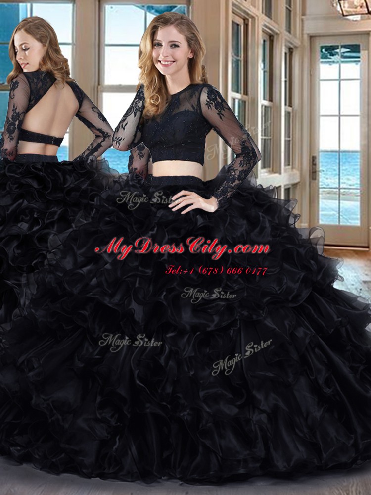 Elegant Scoop Black Long Sleeves Floor Length Ruffles Backless Sweet 16 Dresses