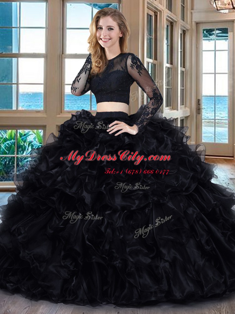 Elegant Scoop Black Long Sleeves Floor Length Ruffles Backless Sweet 16 Dresses