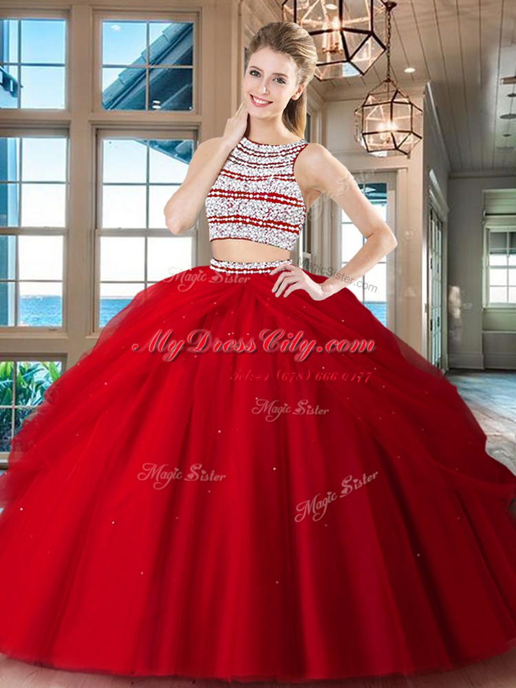 Edgy Tulle Scoop Sleeveless Backless Beading and Pick Ups Quinceanera Dress in Red