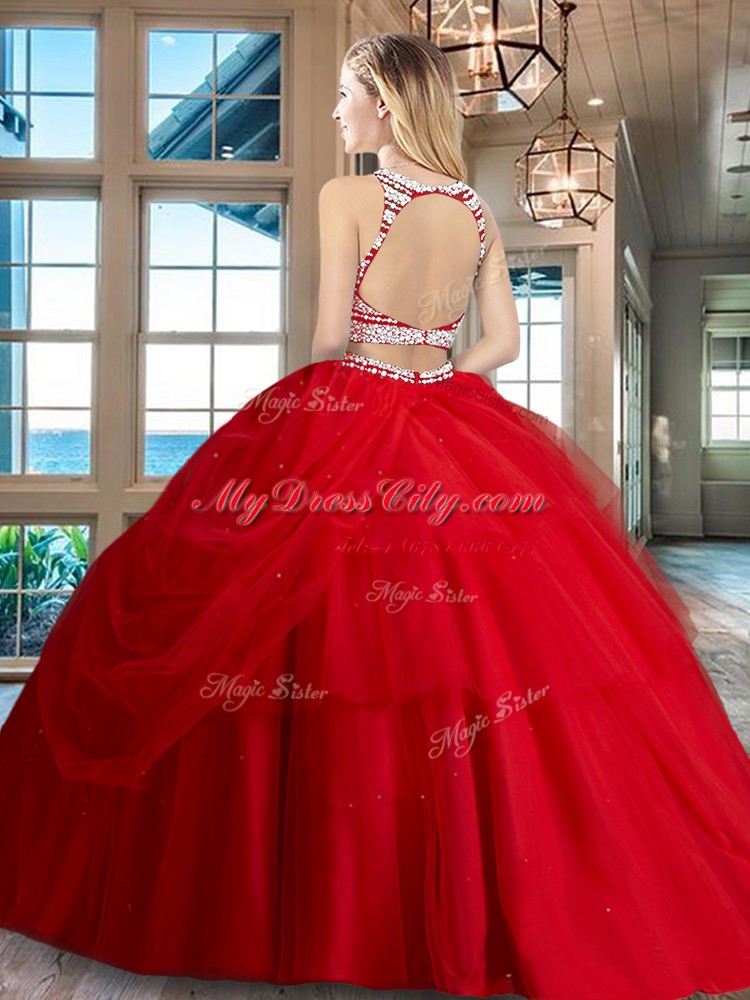 Edgy Tulle Scoop Sleeveless Backless Beading and Pick Ups Quinceanera Dress in Red