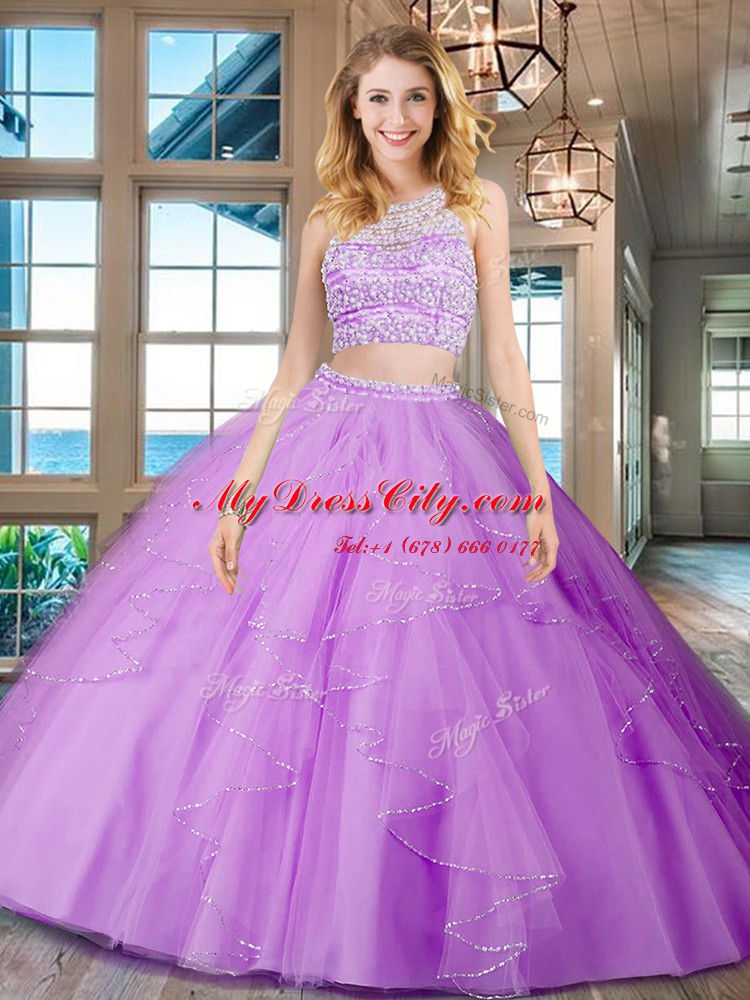 Luxurious Scoop Lilac Backless Quinceanera Dress Beading and Ruffles Sleeveless Floor Length