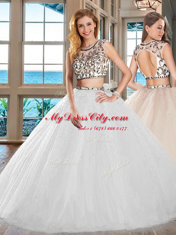 Wonderful White Tulle Backless Scoop Cap Sleeves Floor Length Sweet 16 Dresses Beading