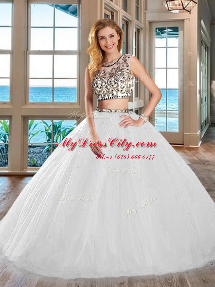 Wonderful White Tulle Backless Scoop Cap Sleeves Floor Length Sweet 16 Dresses Beading