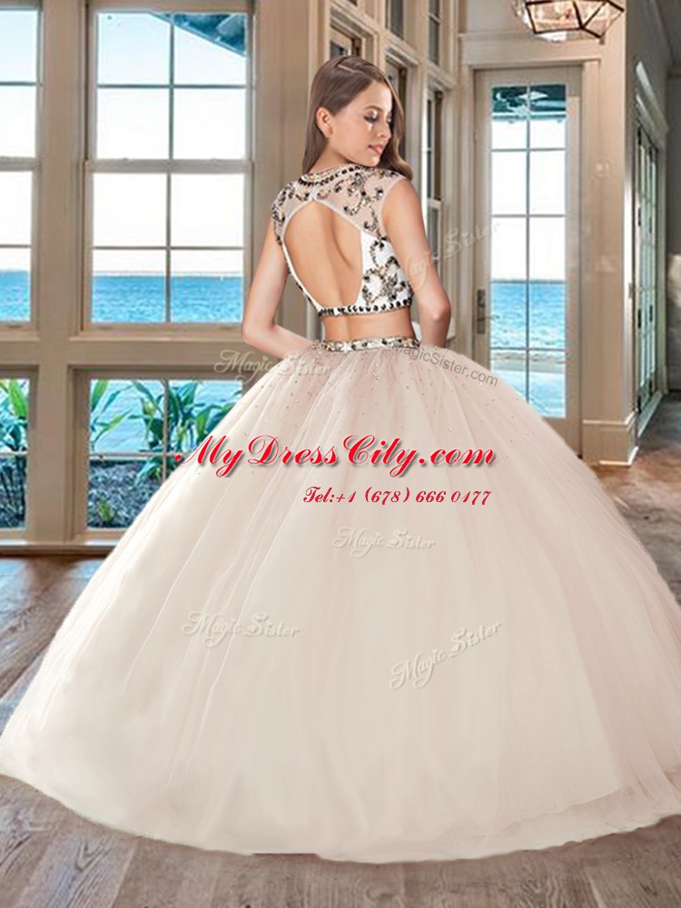 Wonderful White Tulle Backless Scoop Cap Sleeves Floor Length Sweet 16 Dresses Beading