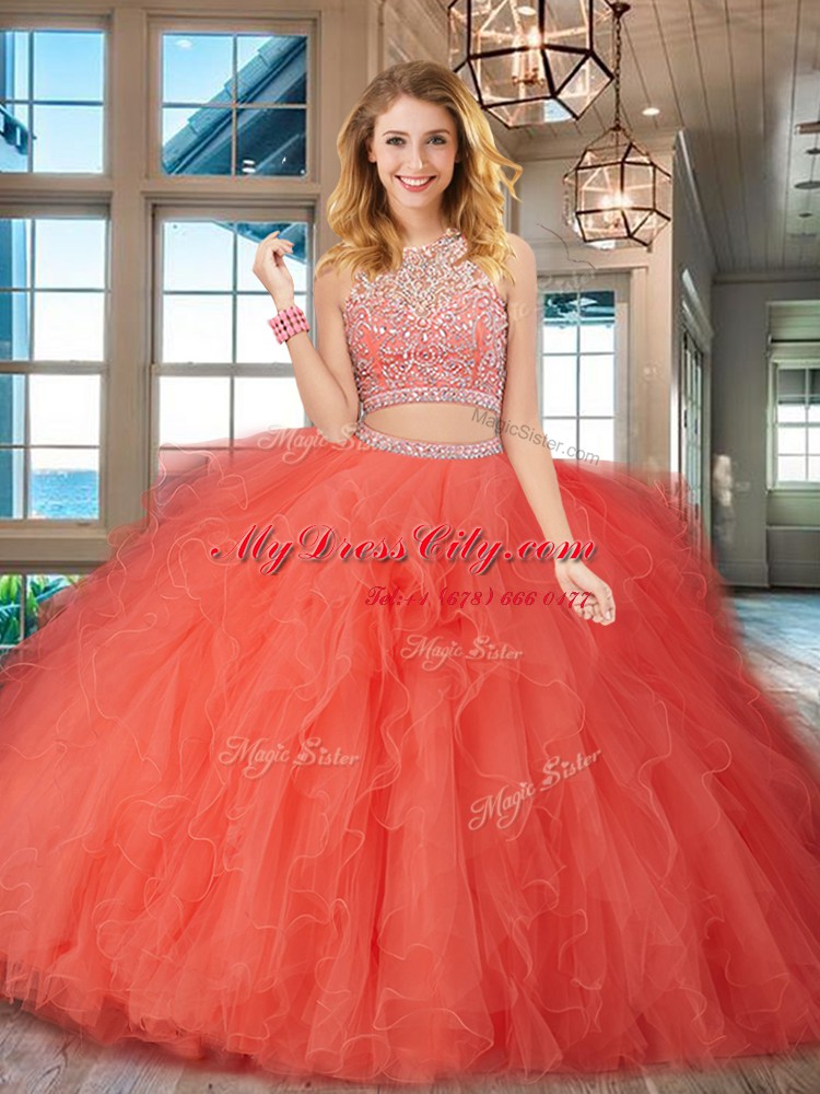 Charming Tulle Scoop Sleeveless Backless Beading and Ruffles Vestidos de Quinceanera in Orange Red