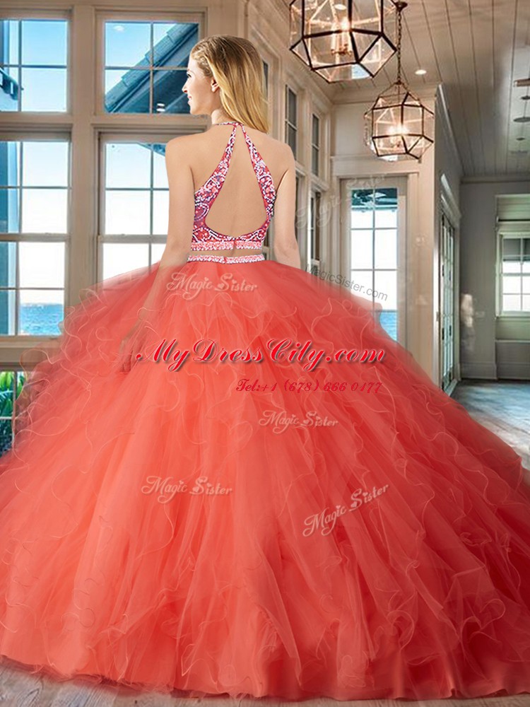 Charming Tulle Scoop Sleeveless Backless Beading and Ruffles Vestidos de Quinceanera in Orange Red