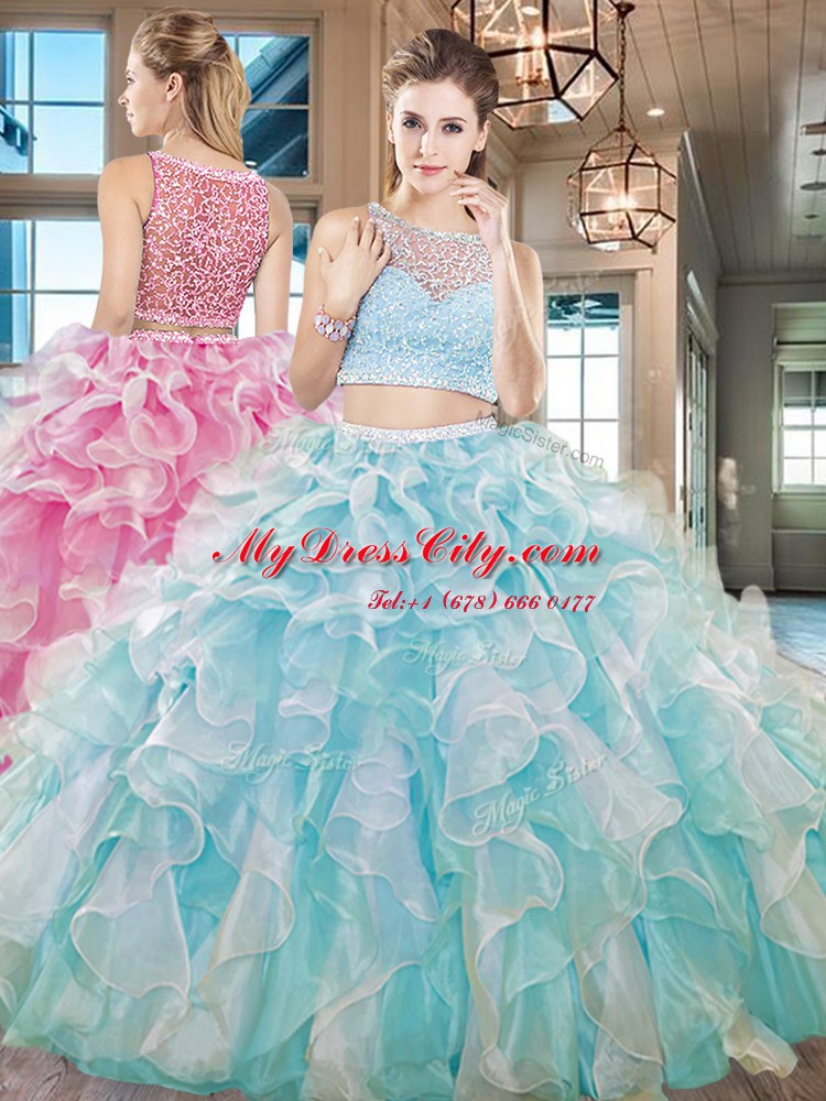 Custom Fit Two Pieces Quince Ball Gowns Aqua Blue Bateau Organza Sleeveless Floor Length Side Zipper