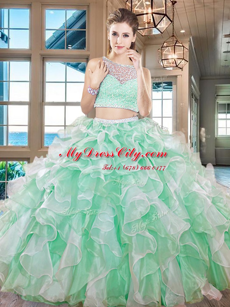 Custom Fit Two Pieces Quince Ball Gowns Aqua Blue Bateau Organza Sleeveless Floor Length Side Zipper