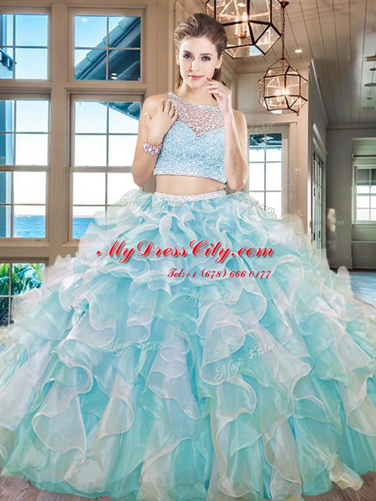 Custom Fit Two Pieces Quince Ball Gowns Aqua Blue Bateau Organza Sleeveless Floor Length Side Zipper