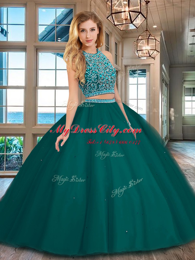 Nice Tulle Scoop Sleeveless Backless Beading Quinceanera Gowns in Dark Green