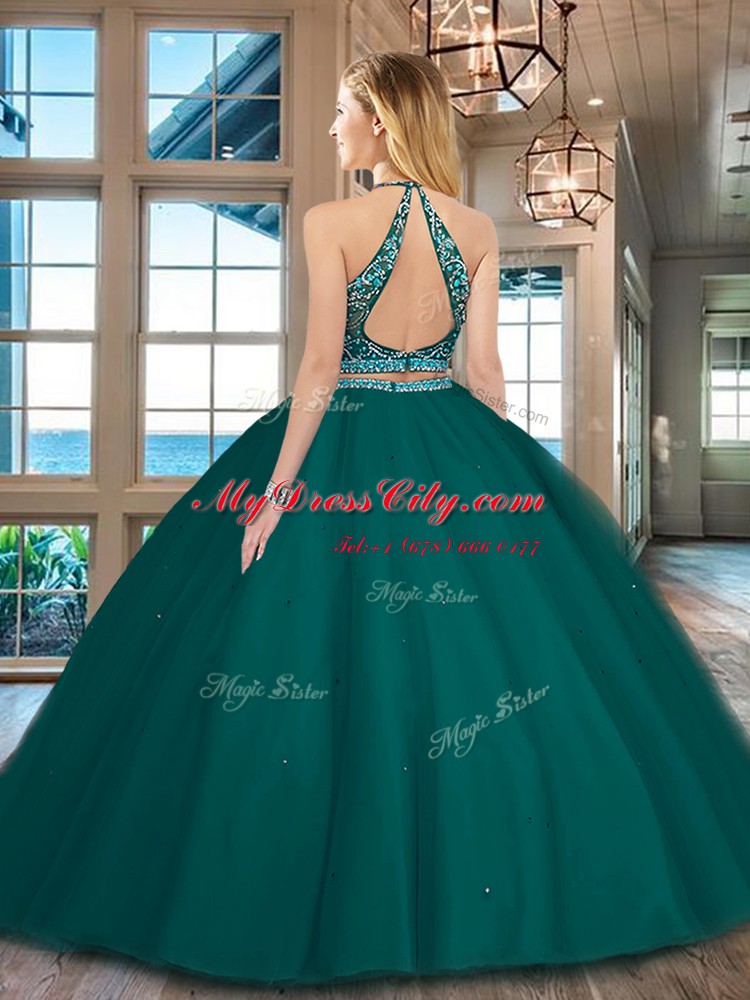 Nice Tulle Scoop Sleeveless Backless Beading Quinceanera Gowns in Dark Green