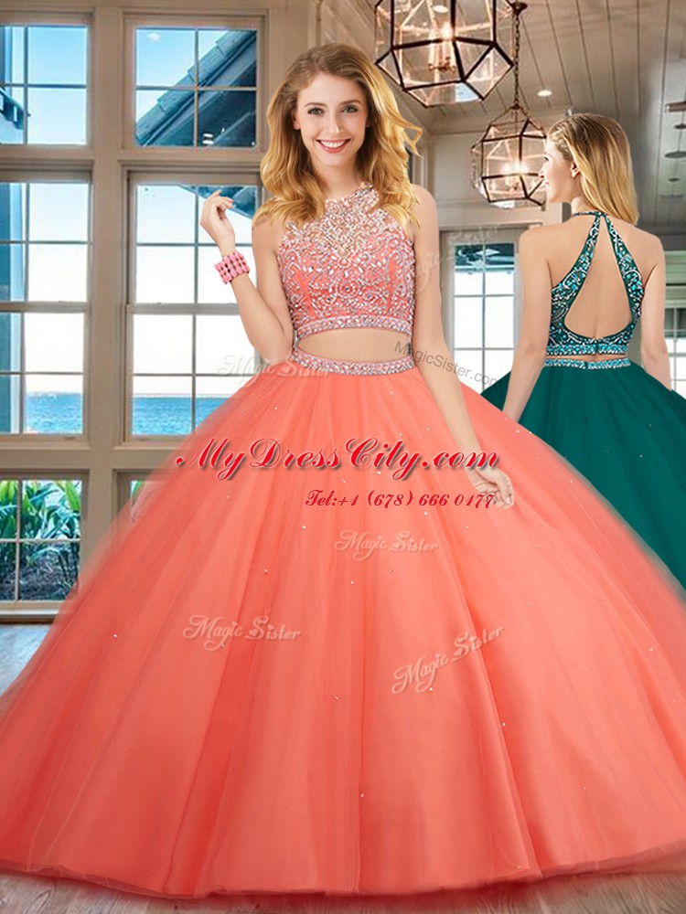 Scoop Sleeveless Floor Length Beading Backless Vestidos de Quinceanera with Watermelon Red