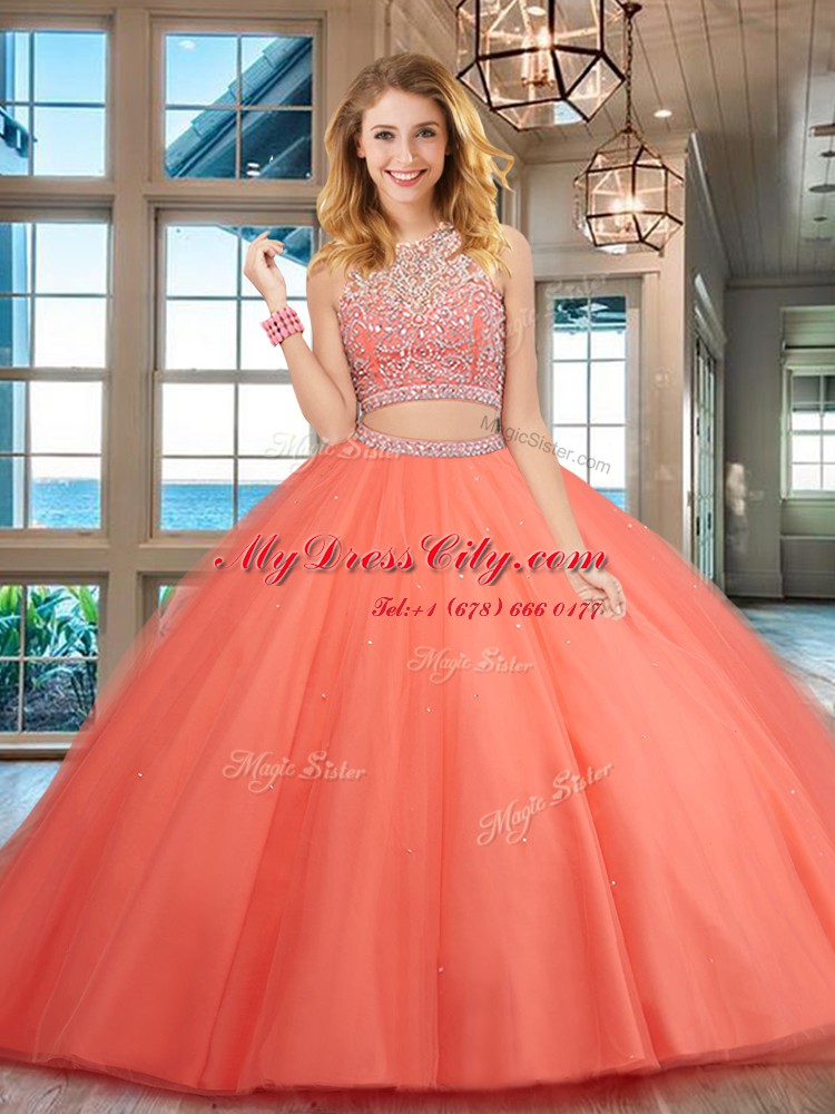 Scoop Sleeveless Floor Length Beading Backless Vestidos de Quinceanera with Watermelon Red