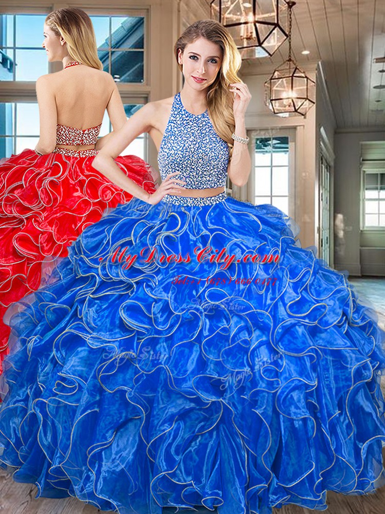 Clearance Ruffled Two Pieces Vestidos de Quinceanera Royal Blue Halter Top Organza Sleeveless Floor Length Backless