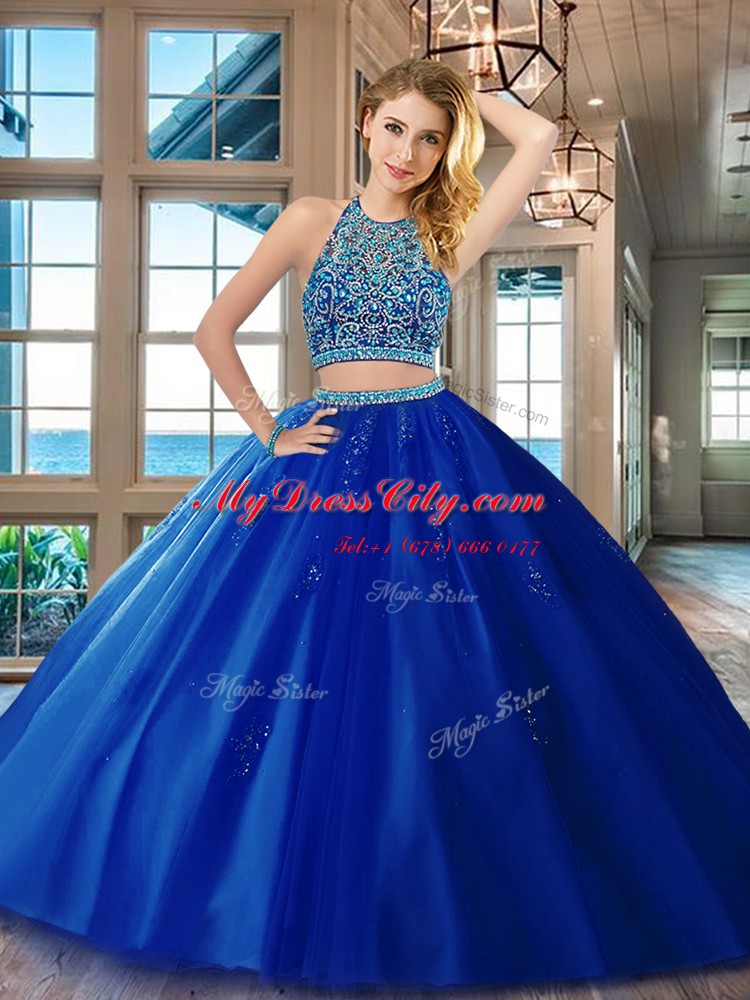 Unique Scoop Royal Blue Sleeveless Tulle Backless 15th Birthday Dress for Military Ball and Sweet 16 and Quinceanera