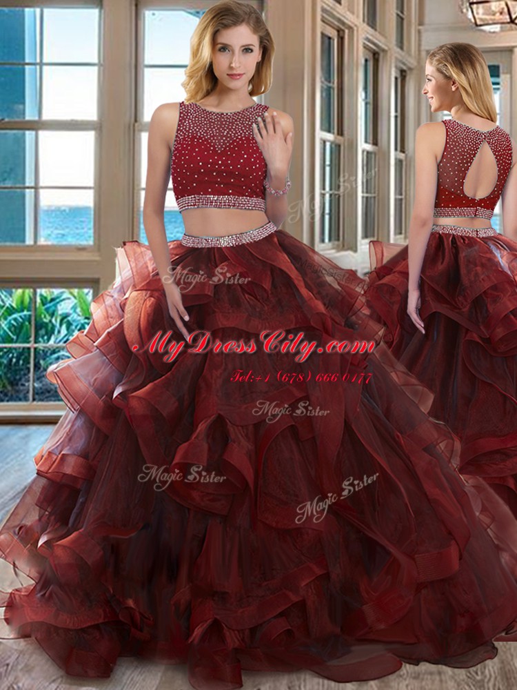 Custom Fit Scoop Floor Length Two Pieces Sleeveless Burgundy Sweet 16 Dresses Backless