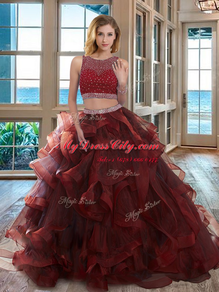 Custom Fit Scoop Floor Length Two Pieces Sleeveless Burgundy Sweet 16 Dresses Backless