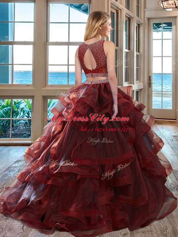 Custom Fit Scoop Floor Length Two Pieces Sleeveless Burgundy Sweet 16 Dresses Backless