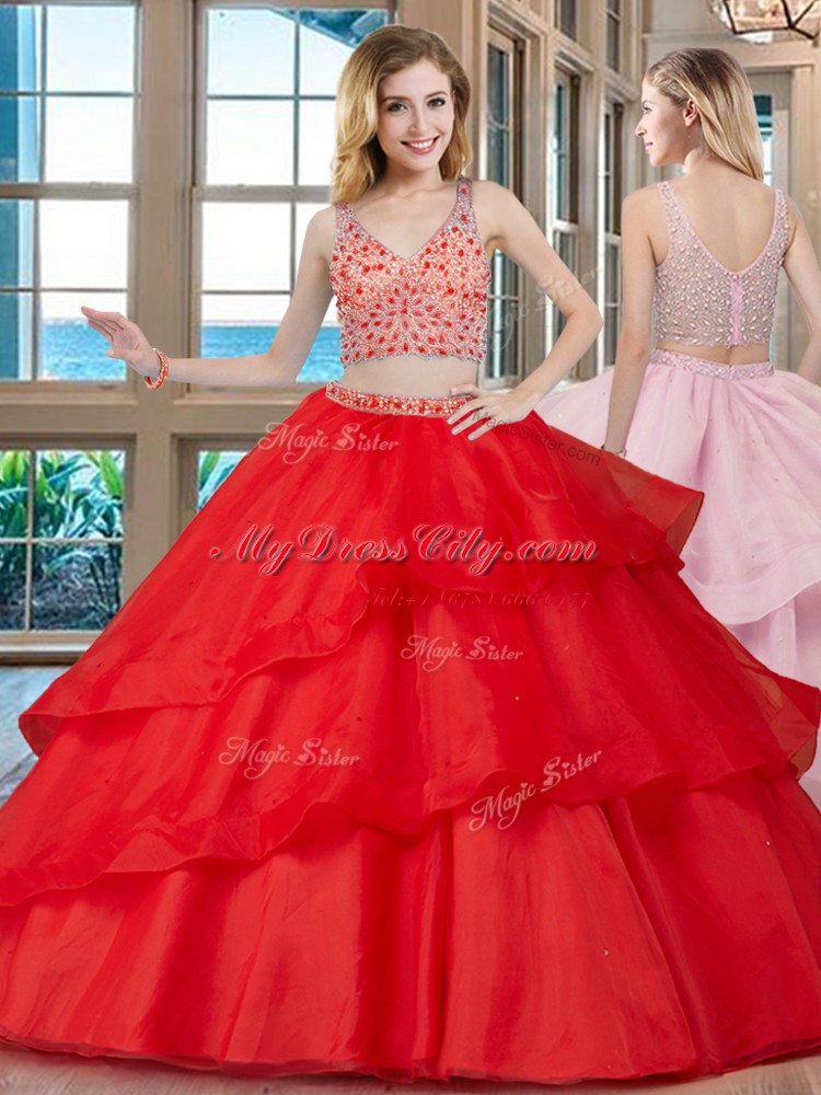 Custom Designed Red Sleeveless With Train Beading Zipper Quinceanera Gowns