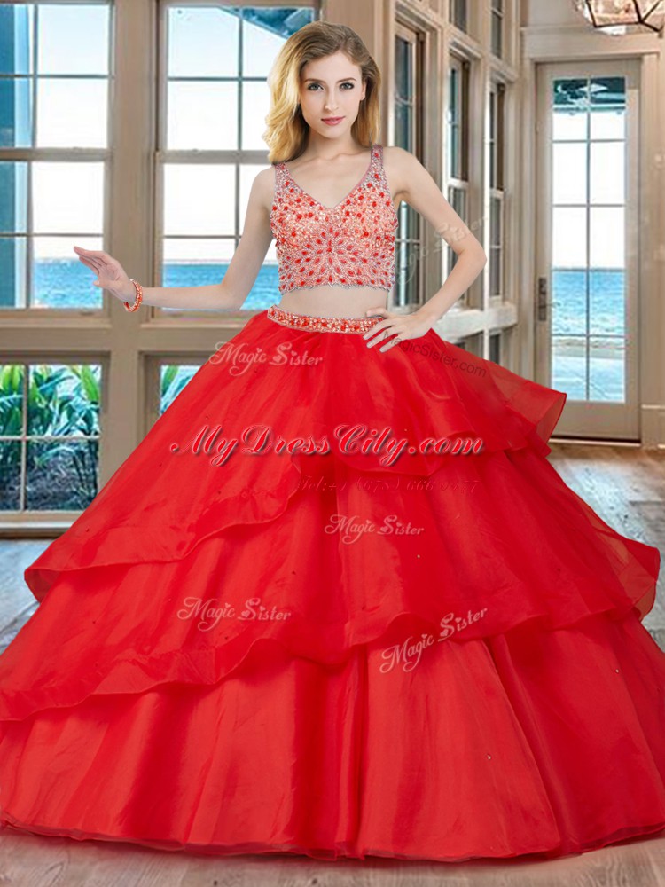 Custom Designed Red Sleeveless With Train Beading Zipper Quinceanera Gowns