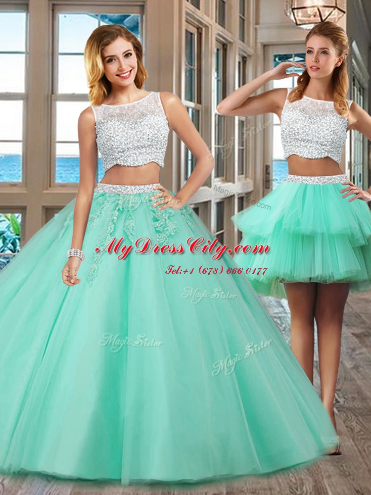 Custom Designed Apple Green Bateau Neckline Beading and Appliques Quinceanera Gown Sleeveless Side Zipper