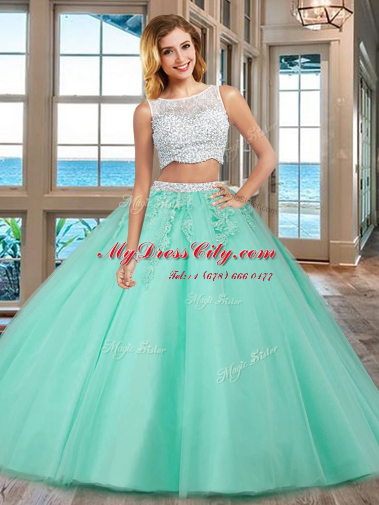 Custom Designed Apple Green Bateau Neckline Beading and Appliques Quinceanera Gown Sleeveless Side Zipper