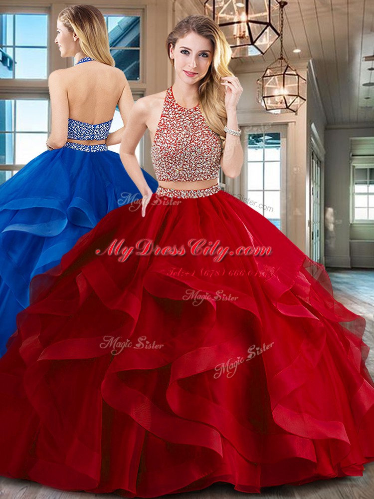 Flirting Halter Top Sleeveless With Train Beading and Ruffles Backless 15 Quinceanera Dress with Red Brush Train