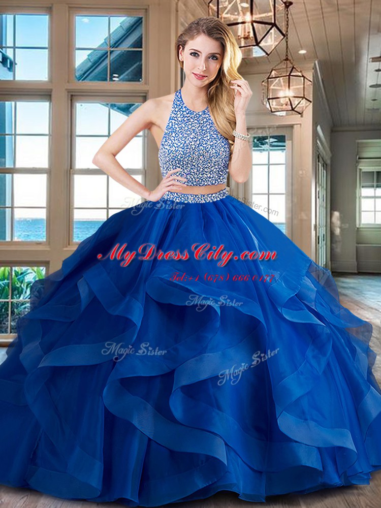 Flirting Halter Top Sleeveless With Train Beading and Ruffles Backless 15 Quinceanera Dress with Red Brush Train