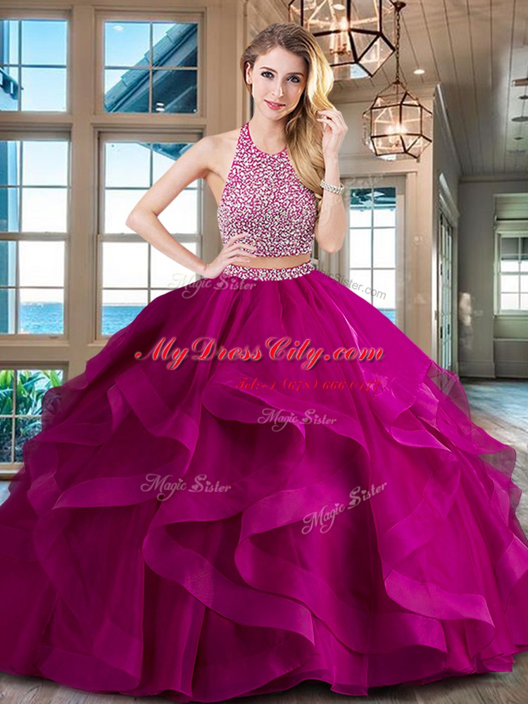 Flirting Halter Top Sleeveless With Train Beading and Ruffles Backless 15 Quinceanera Dress with Red Brush Train