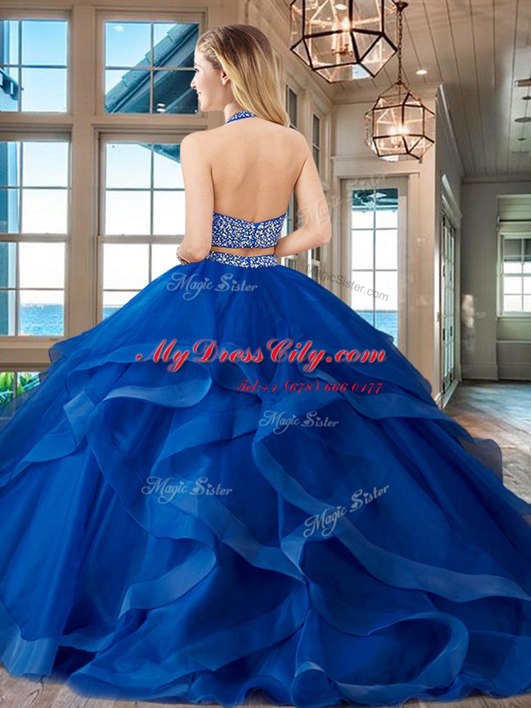 Flirting Halter Top Sleeveless With Train Beading and Ruffles Backless 15 Quinceanera Dress with Red Brush Train