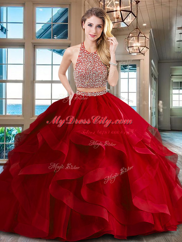 Flirting Halter Top Sleeveless With Train Beading and Ruffles Backless 15 Quinceanera Dress with Red Brush Train