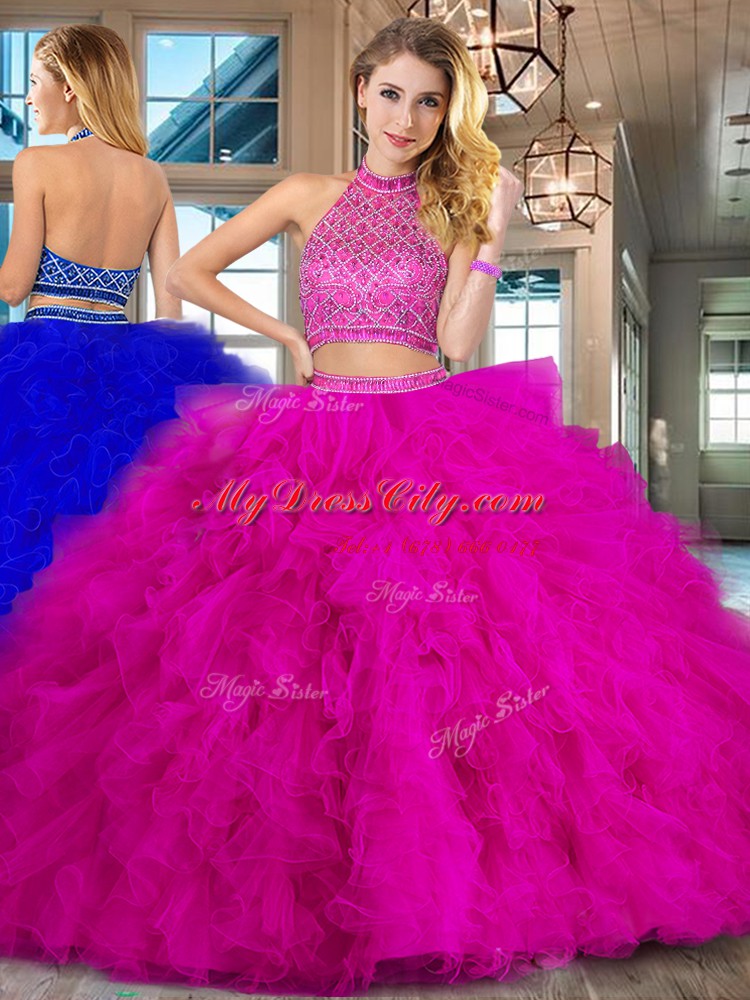 Halter Top Fuchsia Sleeveless Beading and Ruffles Backless Quinceanera Gown