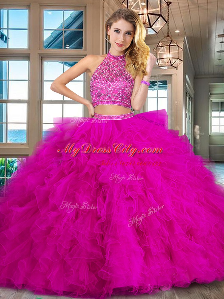 Halter Top Fuchsia Sleeveless Beading and Ruffles Backless Quinceanera Gown