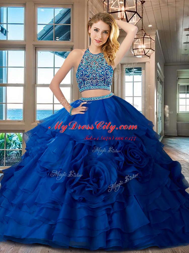 Popular Backless Scoop Sleeveless Quinceanera Dresses Floor Length Beading and Ruffles Royal Blue Organza