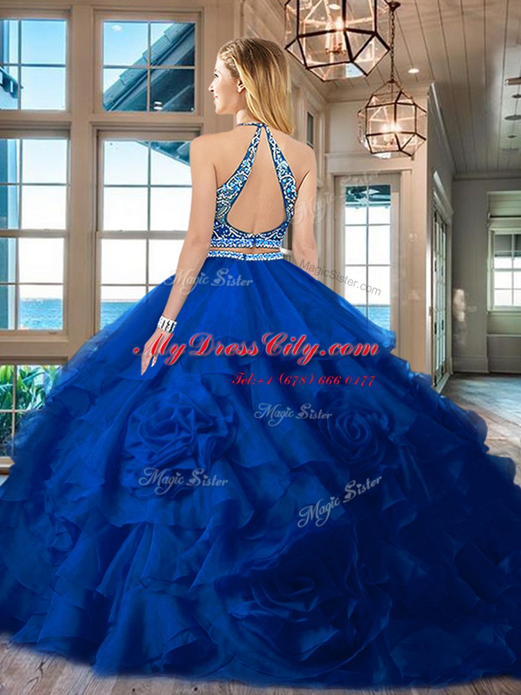 Popular Backless Scoop Sleeveless Quinceanera Dresses Floor Length Beading and Ruffles Royal Blue Organza