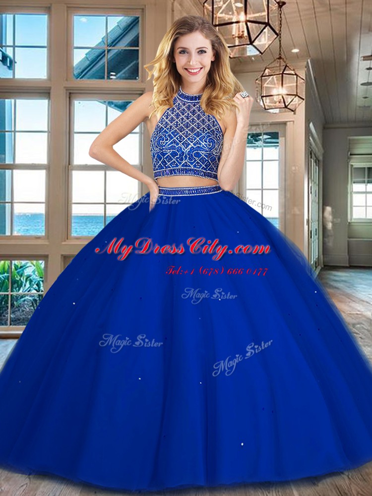 Custom Fit Halter Top Royal Blue Two Pieces Beading Quinceanera Gown Backless Tulle Sleeveless Floor Length