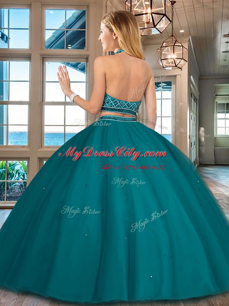 Custom Fit Halter Top Royal Blue Two Pieces Beading Quinceanera Gown Backless Tulle Sleeveless Floor Length