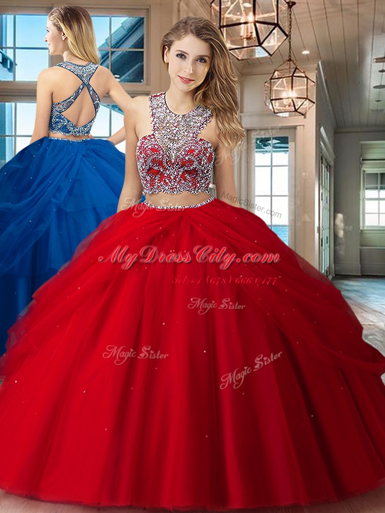 High End Scoop Red Sleeveless Floor Length Beading and Pick Ups Criss Cross Sweet 16 Quinceanera Dress