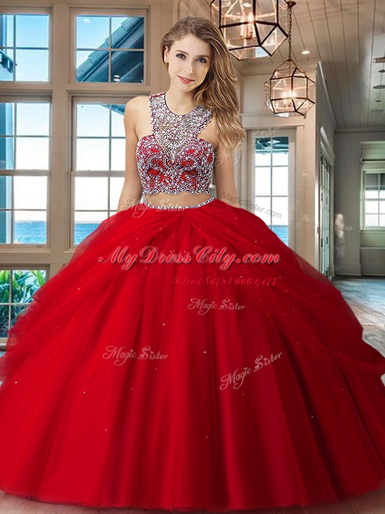 High End Scoop Red Sleeveless Floor Length Beading and Pick Ups Criss Cross Sweet 16 Quinceanera Dress