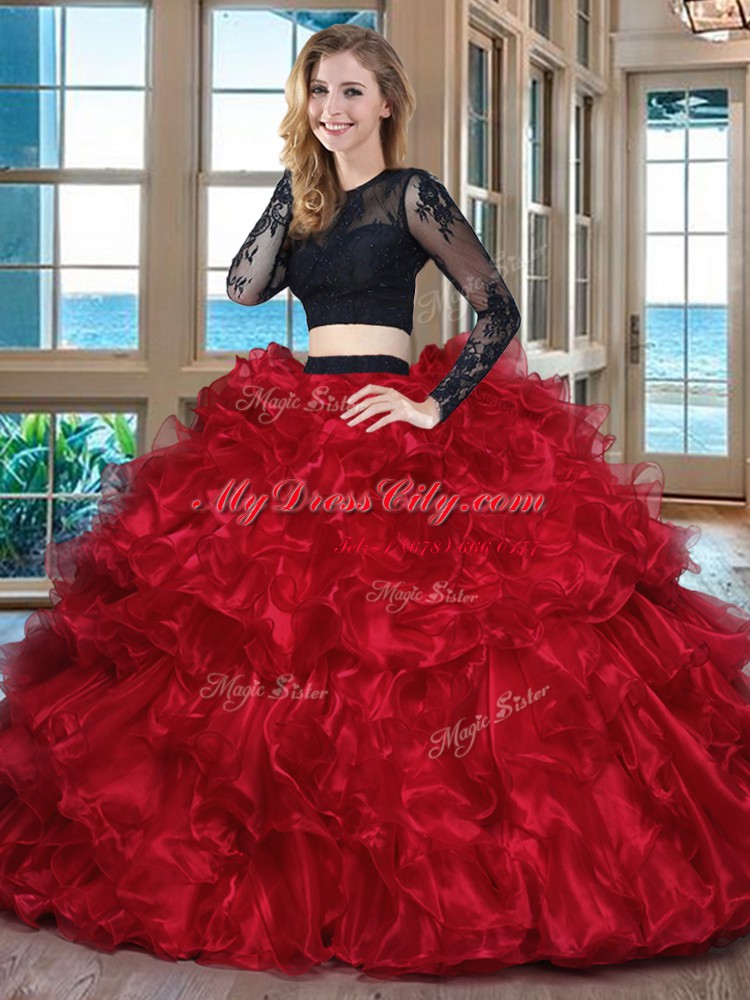 Designer Scoop Black and Red Long Sleeves Floor Length Ruffles Backless Quinceanera Gown