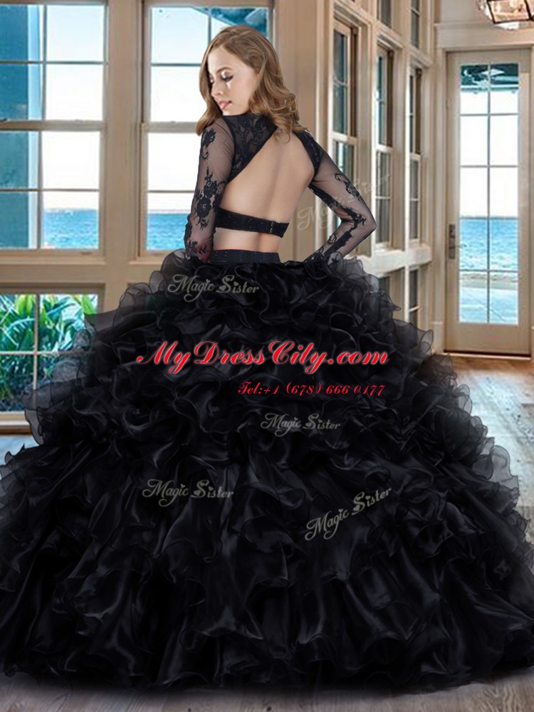 Designer Scoop Black and Red Long Sleeves Floor Length Ruffles Backless Quinceanera Gown