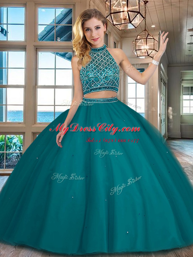 Halter Top Teal Sleeveless Tulle Backless Quinceanera Gown for Military Ball and Sweet 16 and Quinceanera