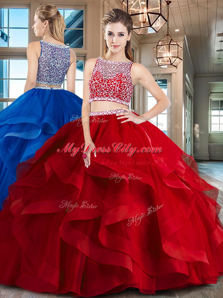 Glittering Bateau Sleeveless Tulle Sweet 16 Quinceanera Dress Beading and Ruffles Side Zipper