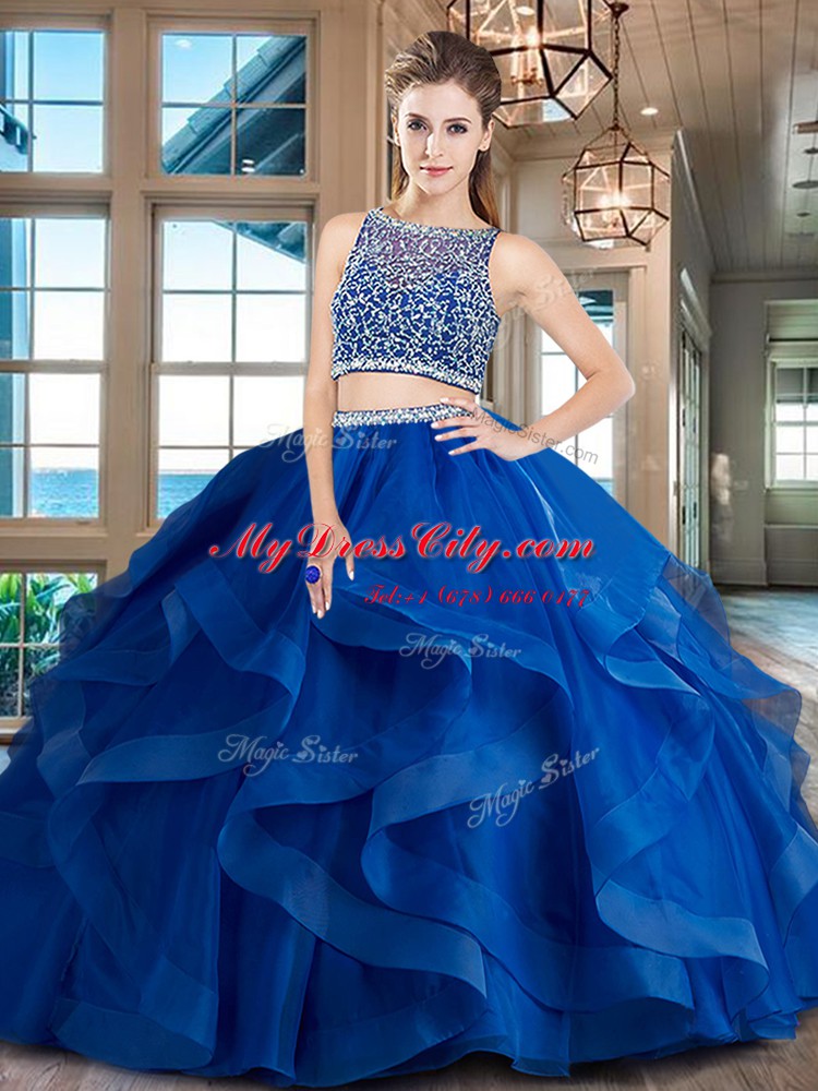 Glittering Bateau Sleeveless Tulle Sweet 16 Quinceanera Dress Beading and Ruffles Side Zipper