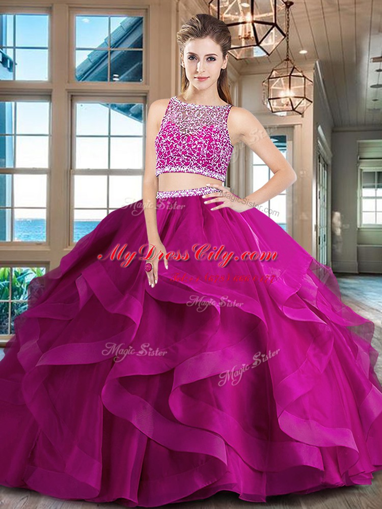 Glittering Bateau Sleeveless Tulle Sweet 16 Quinceanera Dress Beading and Ruffles Side Zipper