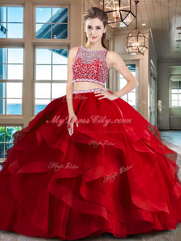 Glittering Bateau Sleeveless Tulle Sweet 16 Quinceanera Dress Beading and Ruffles Side Zipper