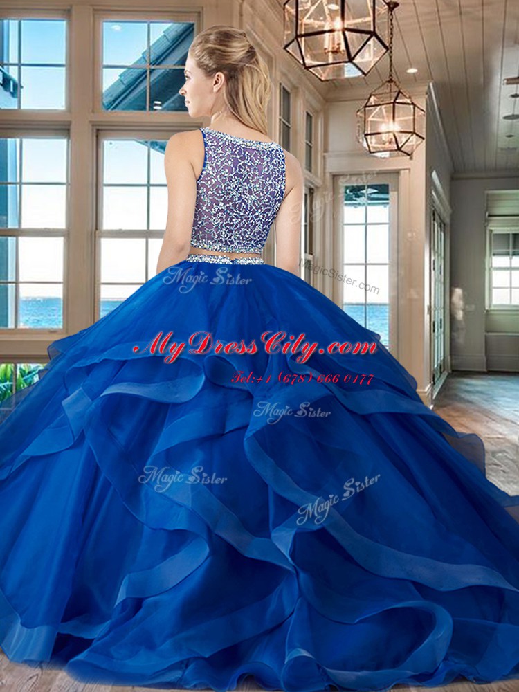 Glittering Bateau Sleeveless Tulle Sweet 16 Quinceanera Dress Beading and Ruffles Side Zipper