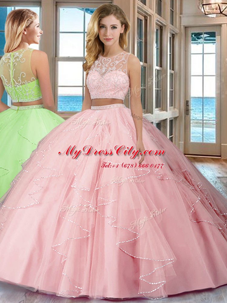 Classical Baby Pink Two Pieces Tulle Scoop Sleeveless Beading and Ruffles Floor Length Zipper Sweet 16 Dresses