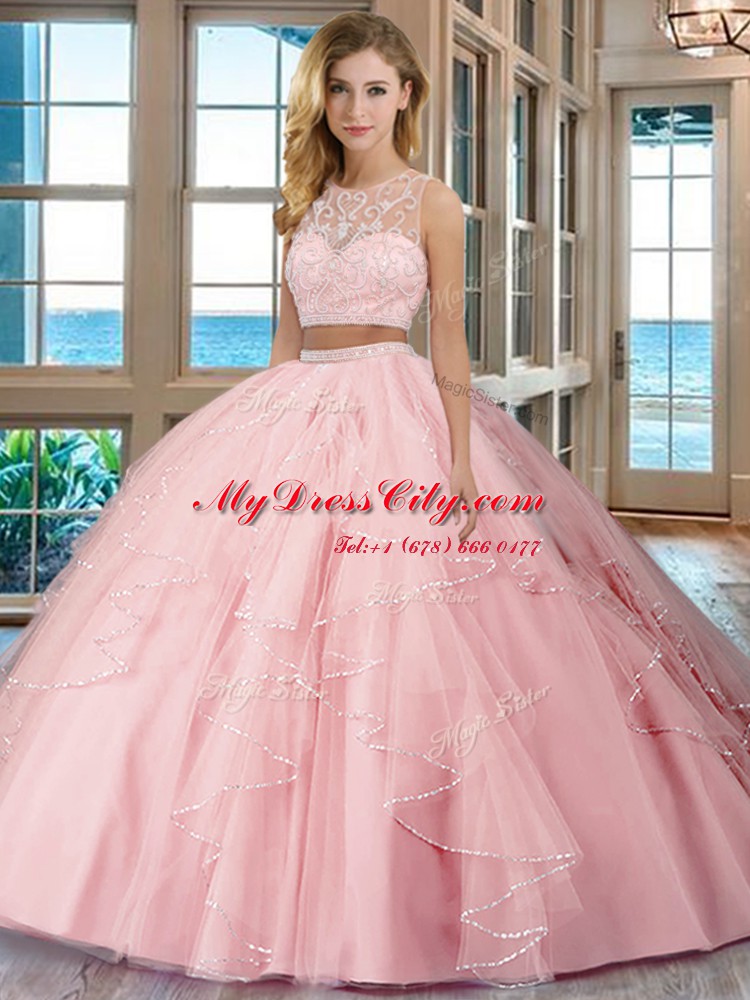 Classical Baby Pink Two Pieces Tulle Scoop Sleeveless Beading and Ruffles Floor Length Zipper Sweet 16 Dresses