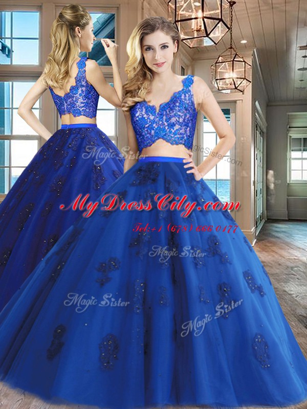 High End Royal Blue Two Pieces Tulle V-neck Sleeveless Lace and Appliques Floor Length Zipper Sweet 16 Quinceanera Dress